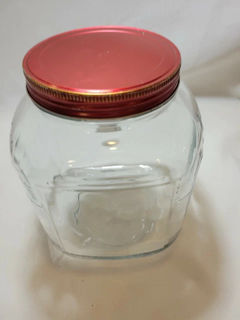 Vintage Snowman 1 Gallon Glass Hoosier Jars Ribbed Canister Metal Red Lid