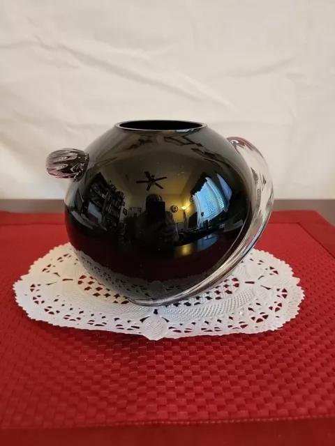 Rare Art Deco Style Vase Hand Blown Black Glass W/Clear Glass Swirls Approx 6”
