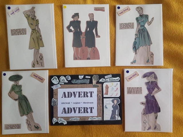 VINTAGE FRENCH 1940s FASHION ILLUSTRATION  HAND-TINTED GREETINGS CARDS (5 NO) A5