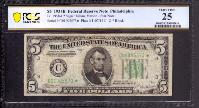 1934 B $5 Federal Reserve Star Note Philadelphia Fr.1958-C* Pcgs B Vf 25