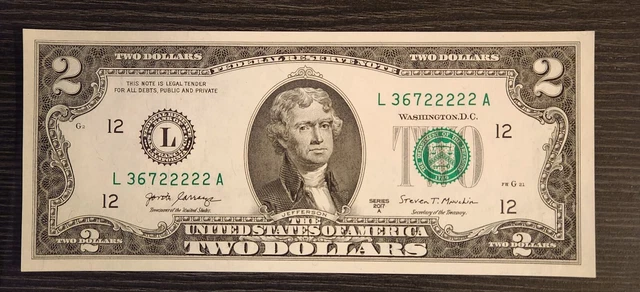 Fancy $2 Two Dollar Bill-Solid 5 in a Row 2's-CRISP UNCIRCULATED Series 2017A