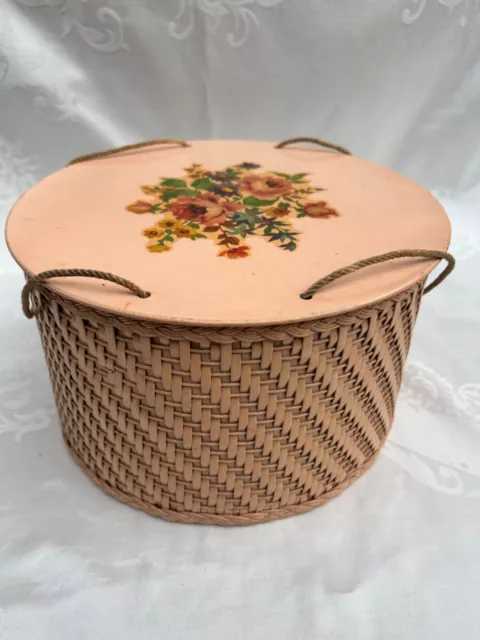 Vintage Round Harvey Pink Peach Sewing Basket 11 x 6 1/4 MCM Wicker Flowers GUC