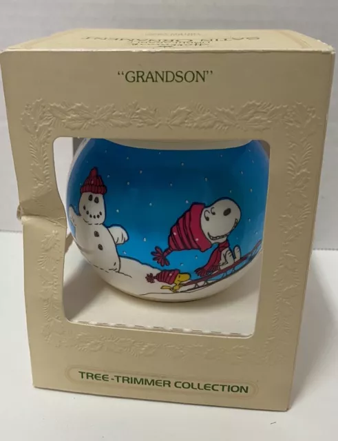 Hallmark Satin Ball Ornament Snoopy Peanuts Grandson 1979 IOB + Snoopy Woodstock 2