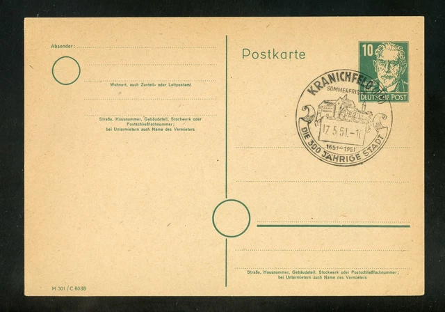 SBZ P35/01 10Pfg. BEBEL-GANZSACHE SST KRANICHFELD 17.5.1951 !!! (955741)