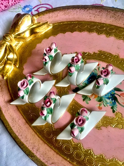 Gerold porzellan Bavaria Twisted Encrusted Pink Roses Napkin Rings Set X6