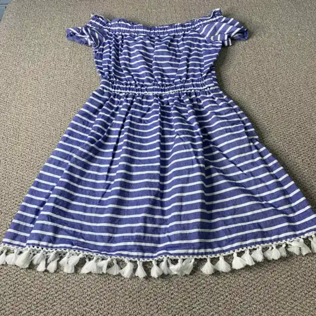 Eliza J Womens Dress Size 8 Blue White Striped Off The Shoulder Tassel Hem Mini