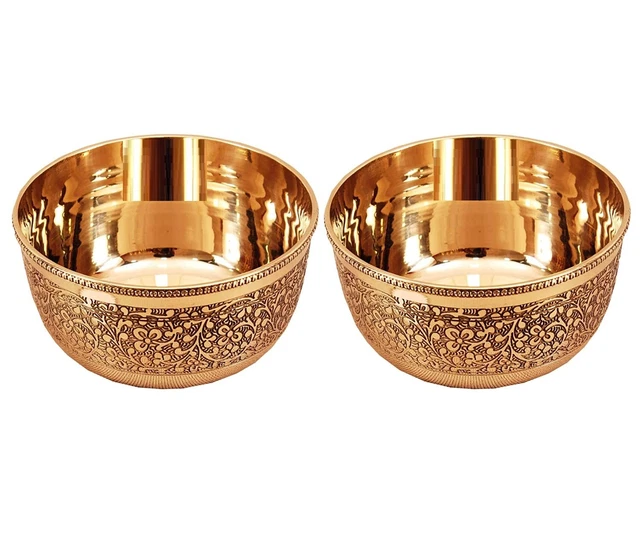 2pc Embossed Flower Design Brass Bowl(150ml Each,Golden) For All Occasion