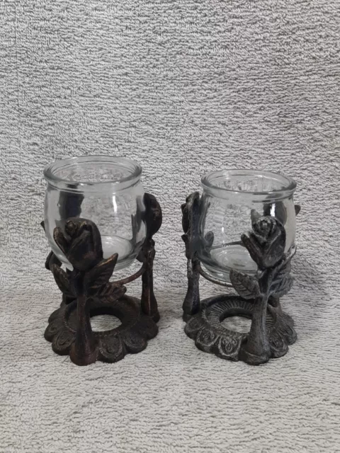 Pair Of Cast Iron Candle Holder With Glass Rose And Leaves