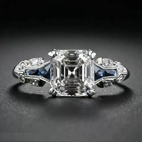 Art Deco Style 2.60 Ct Lab-Created Diamond & Blue Sapphire Ring Solid 925 Silver