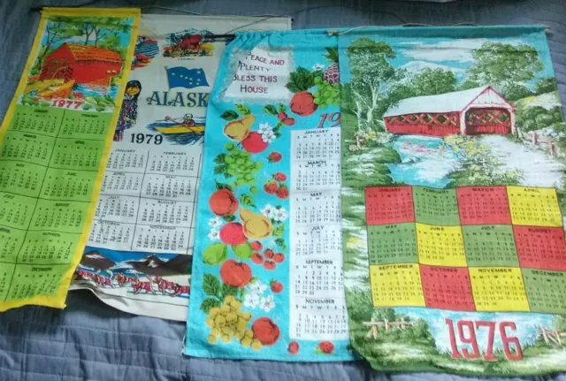 VINTAGE LOT OF 4 Calendar Tea Towels 1970's Country Fruits Covered Bridge Alaska