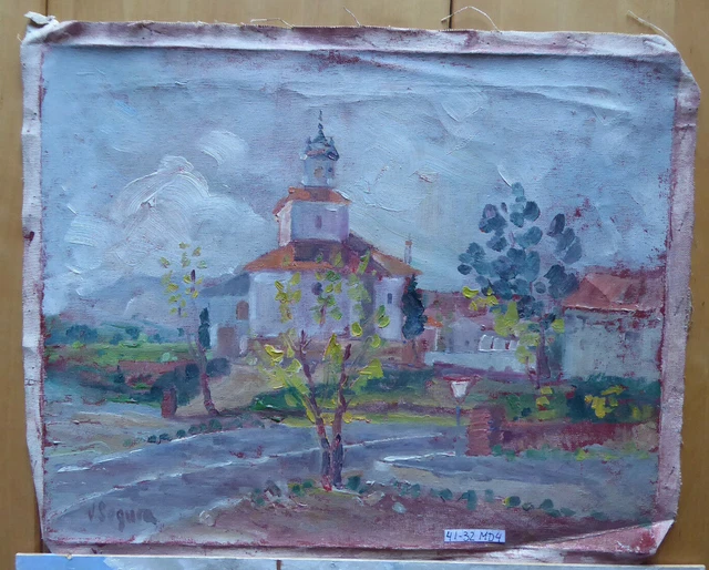 Viejo Pintado Angular Óleo En Lona Vista De País España '900 Firmado Segura MD4