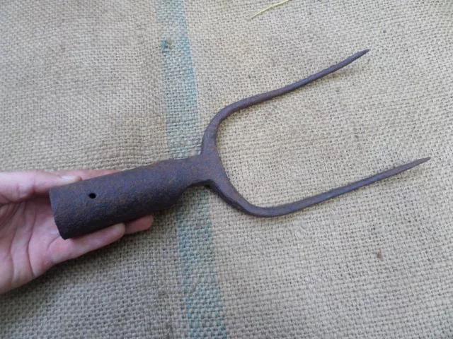 Antique Big Fork Pitchfork Hand Forged Iron Gardening Tool Vintage 19C