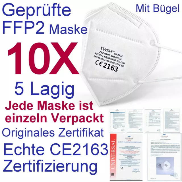 10 x FFP2 Atemschutzmaske Mundschutz 5-lagig CE 2163 Maske Mund Masken