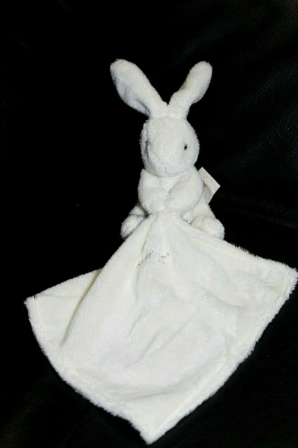 Doudou peluche lapin blanc écru avec mouchoir brodé marron BABYNAT yeux billes