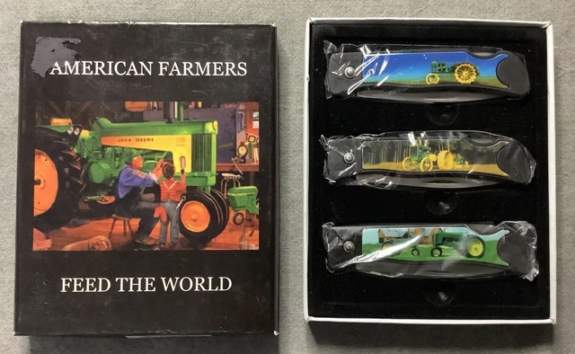 Set of 3 John Deere Tractor Pocket Knives with Cardboard Box - American Farmers 