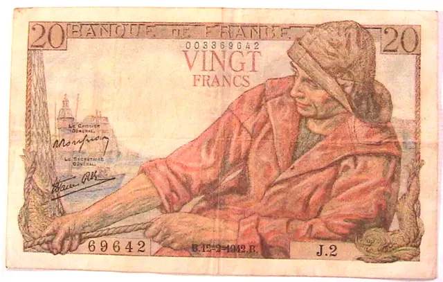 1942 France 20 Francs VF+ French WW2 Pecheur Banknote Currency Paper Money p-100