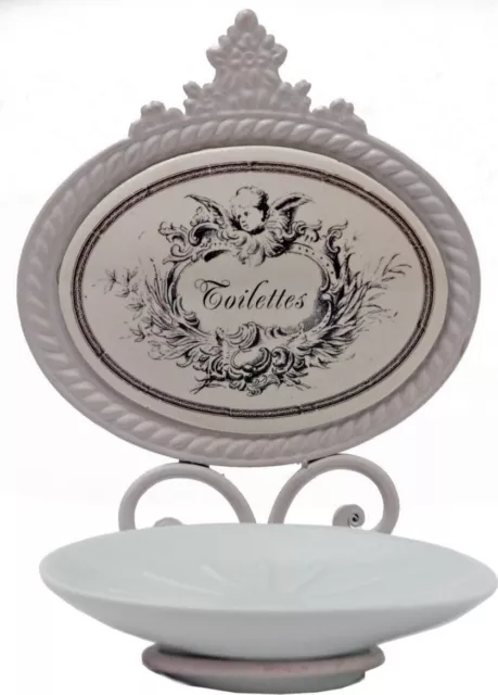 French Shabby Chic Cream Soap Holder with Soap Dish Porcelain Metal Angel