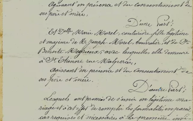 1814 Contrat de Mariage St-Etienne MOREAU MEYRIEUX DUREL prêtre de Lorette MOREL