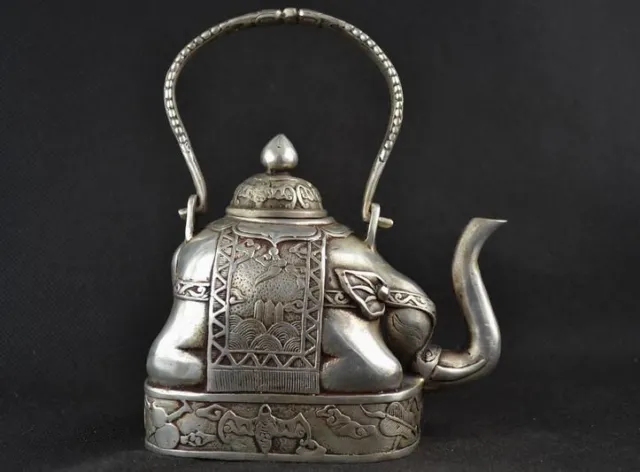 antique excellent Handwork Miao Silver Carve Elephant Lucky Big Tea Pot Teapots