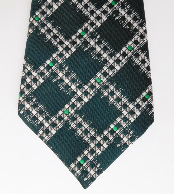 Cravatta a scacchi bianca e verde di Theros vintage anni '70 abbigliamento classico da uomo