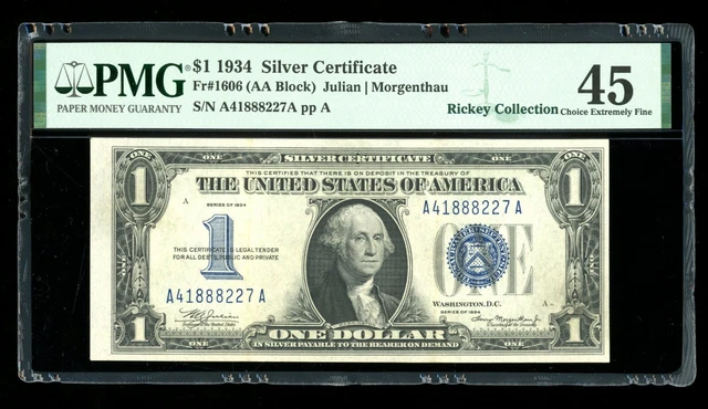 DBR 1934 $1 Silver Funnyback Fr. 1606 AA Block PMG 45 Serial A41888227A