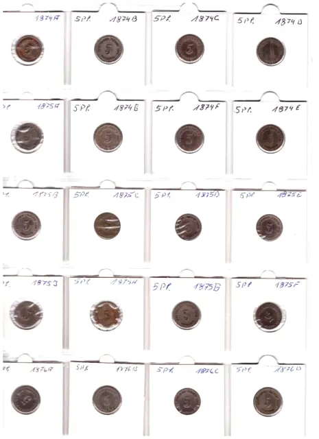 5 Pfennig Kaiserreich 1874 bis 1889 vollständig 37 Münzen