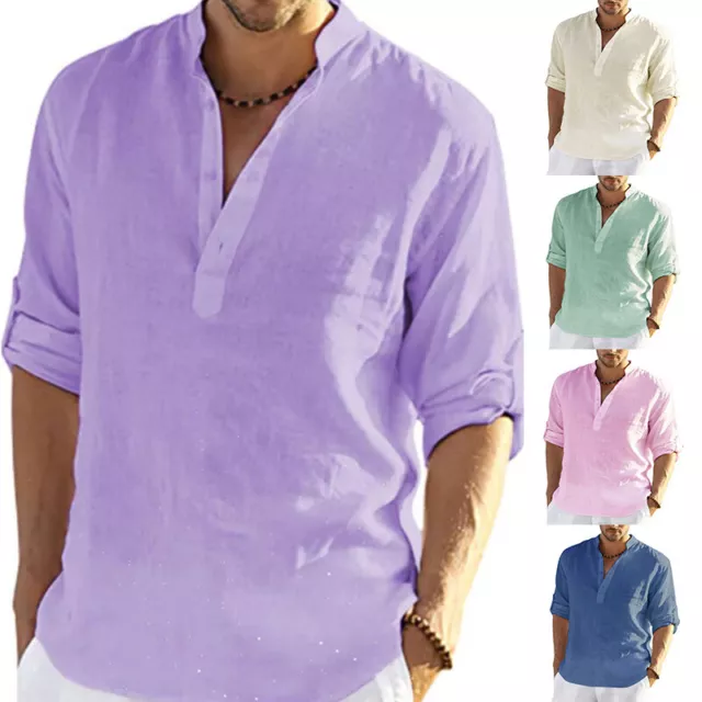 Mens Blouse Top Linen Long Sleeve Shirts Solid Loose Casual Dress Shirt Summer~