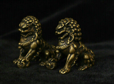 Antique Folk Brass bronze Fengshui Fu Foo Dogs Lion Guardion Lions Statue Pair 3