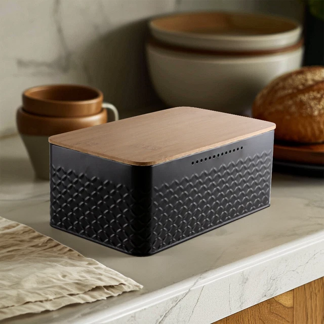 LARGE BLACK BREAD Bins Metal Bread Box Loaf w/ Bamboo Chopping/Cutting