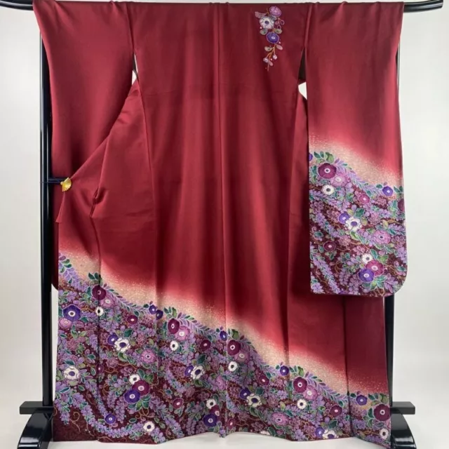 Woman Japanese Kimono Furisode Silk Tsujigabana Gold Foil Blur Dark Red