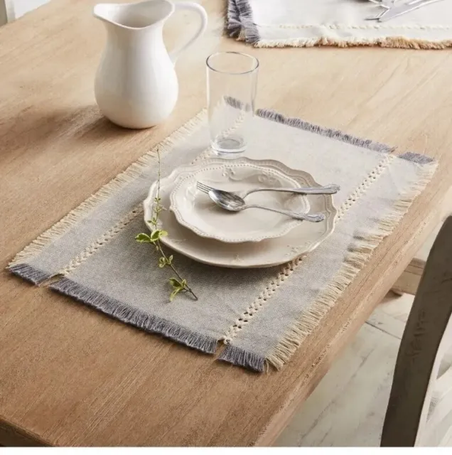 Better Homes and Gardens 4 Pack Placemats - Gray Cream Fringe Rustic Elegant