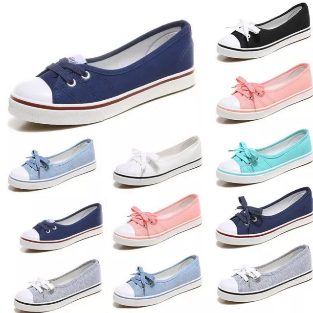 Zapatos De Mujer Señora Niñas Con Cordones Planos Plimsolls De Salón Lona Talla 3-8