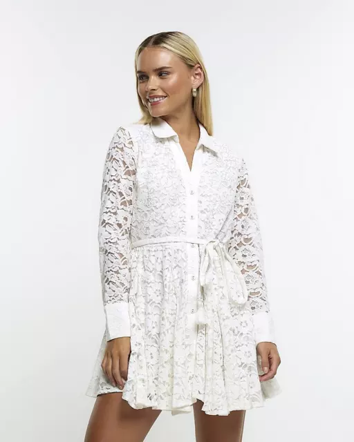 River Island Womens Cream Blouson Lace Dress 12 Petite