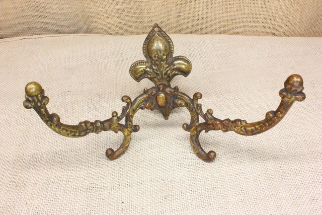 Old Hall Mirror Coat Hat Hook Double Arm Fancy Ferns Patina Brass Fleur De Lis