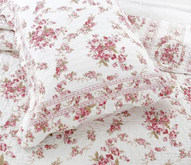 PINK VINTAGE ROSE 3pc Queen QUILT SET : COTTON CHIC SHABBY COTTAGE COZY GARDEN