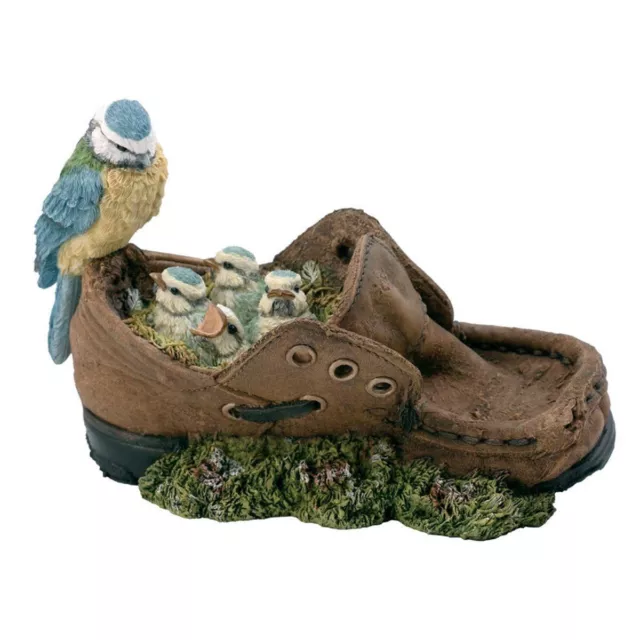 Charming Blue Tit Bird Family in Shoe Figurine Whimsical Garden-Inspired Decor 2