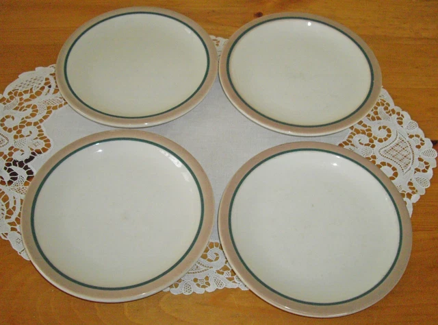 Vintage Syracuse China RESTAURANT Tan & Green Stripes 6 1/2" Plates ~ Set of 4 ~