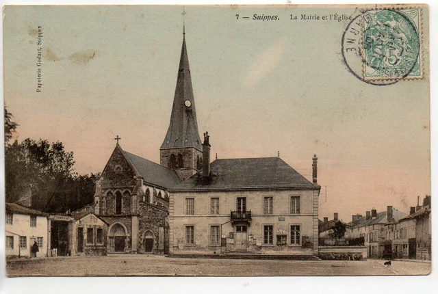 SUIPPES - Marne - CPA 51 - the town hall and the church - color card
