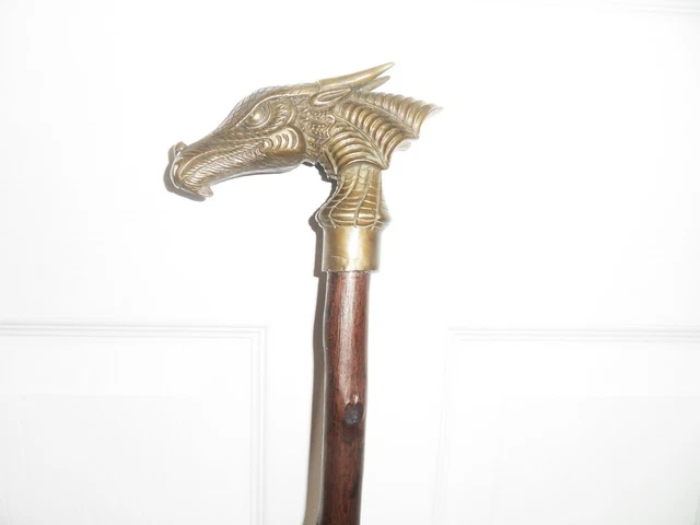 Walking Stick Solid Bronze Dragon Lizard Dinosaur Head Handle 36"/91cm