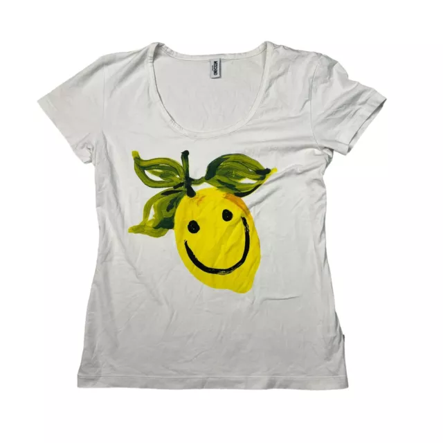 Moschino Lemon Smiley Face Scoop Neck Swim Tee T-Shirt White Womens US 36 Lg