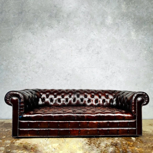 Exceptional English Fully Buttoned  Patinated Chestnut Leather Chesterfield Sofa