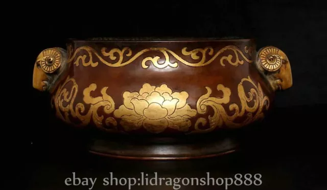 6.4" Qianlong Marked Purple Bronze Gilt 2 Sheep Head Incense Burner Censer