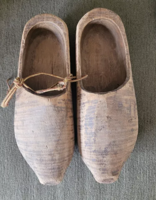 Antique Hand Carved Dutch Wooden Shoes Clogs Unpainted Wood Vintage