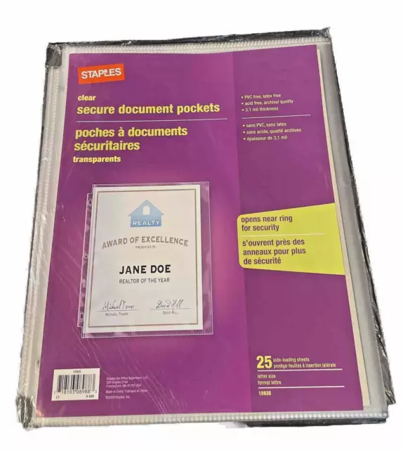 Staples Clear Document Pockets 15935 Sealed Package NEW 25 per pack 9.5 x 11.5"