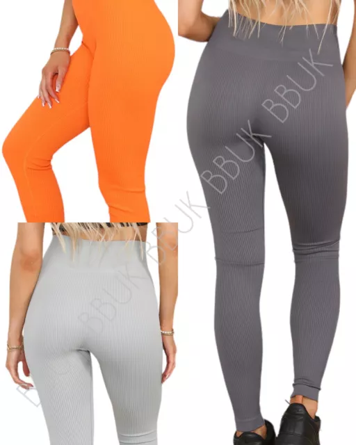 Womens High Waist Thick Seamless Ribbed Stretchy Leggings Ladies Jegging Bottoms