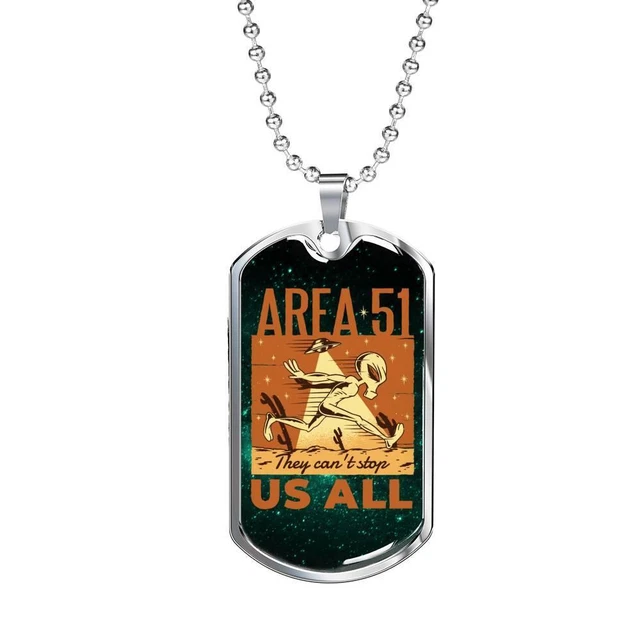 Alien UFO Fan Gift Area 51 Running Necklace Stainless Steel or 18k Gold Dog Tag