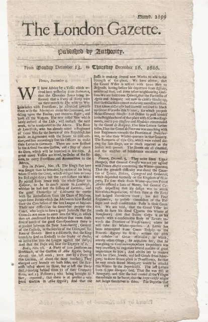 The London Gazette 13 - 16 December 1686 Original Antique Newspaper