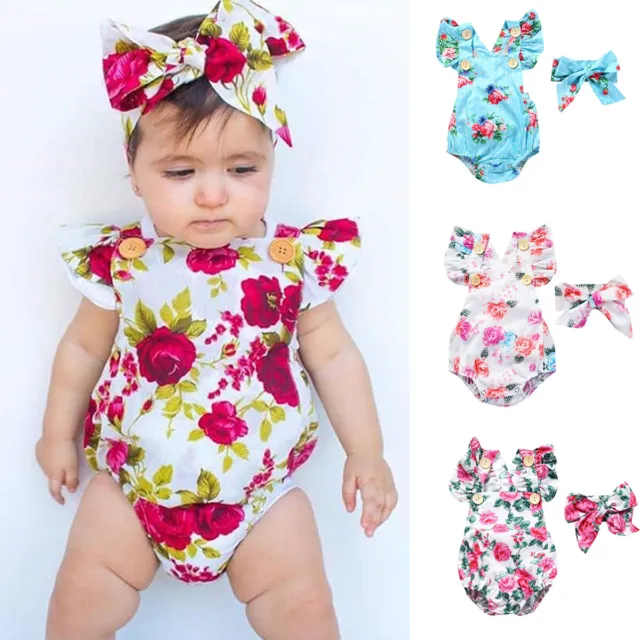 Baby Girl Floral Romper Newborn Headband Infant Jumpsuit Bodysuit Clothes Outfit