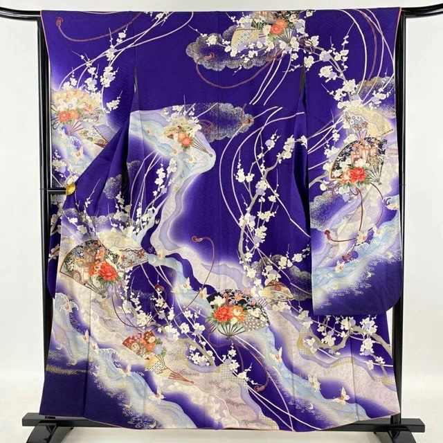 Japanese Kimono Furisode Pure Silk Folding Fan Flowers And Birds Gold Thread