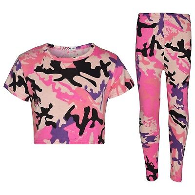 Girls Baby Pink Designer's Camouflage Print Trendy Crop Top Legging Set 7-13 Yr